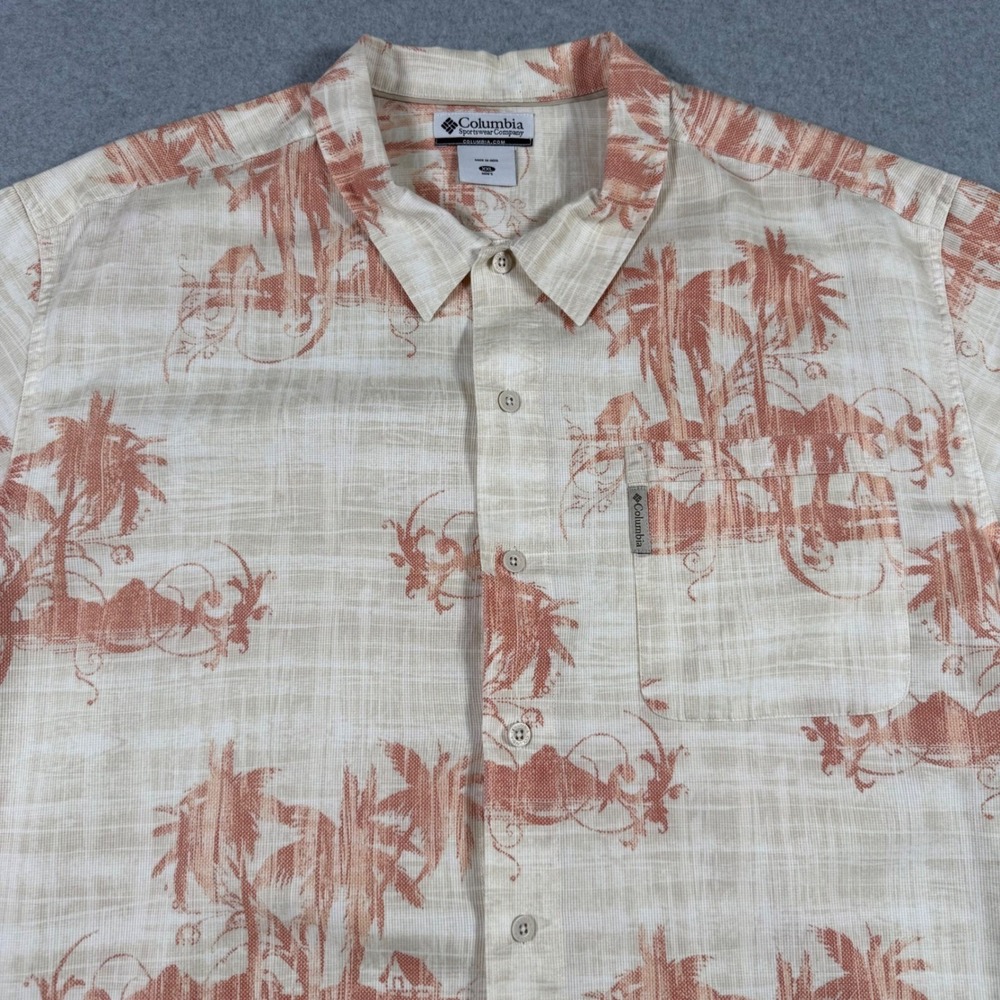 Columbia XXL Tropical Palm Tree Button Front Shirt Beach Resort Cruise Coral